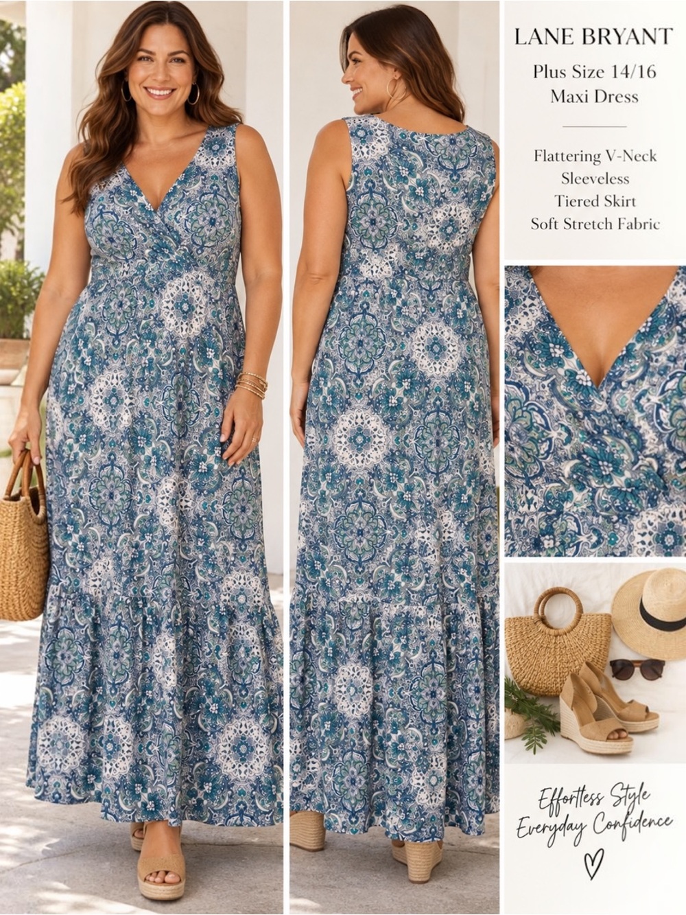 Lane Bryant 14/16 Paisley Maxi Dress Blue Teal Sleeveless V Neck Tiered Plus